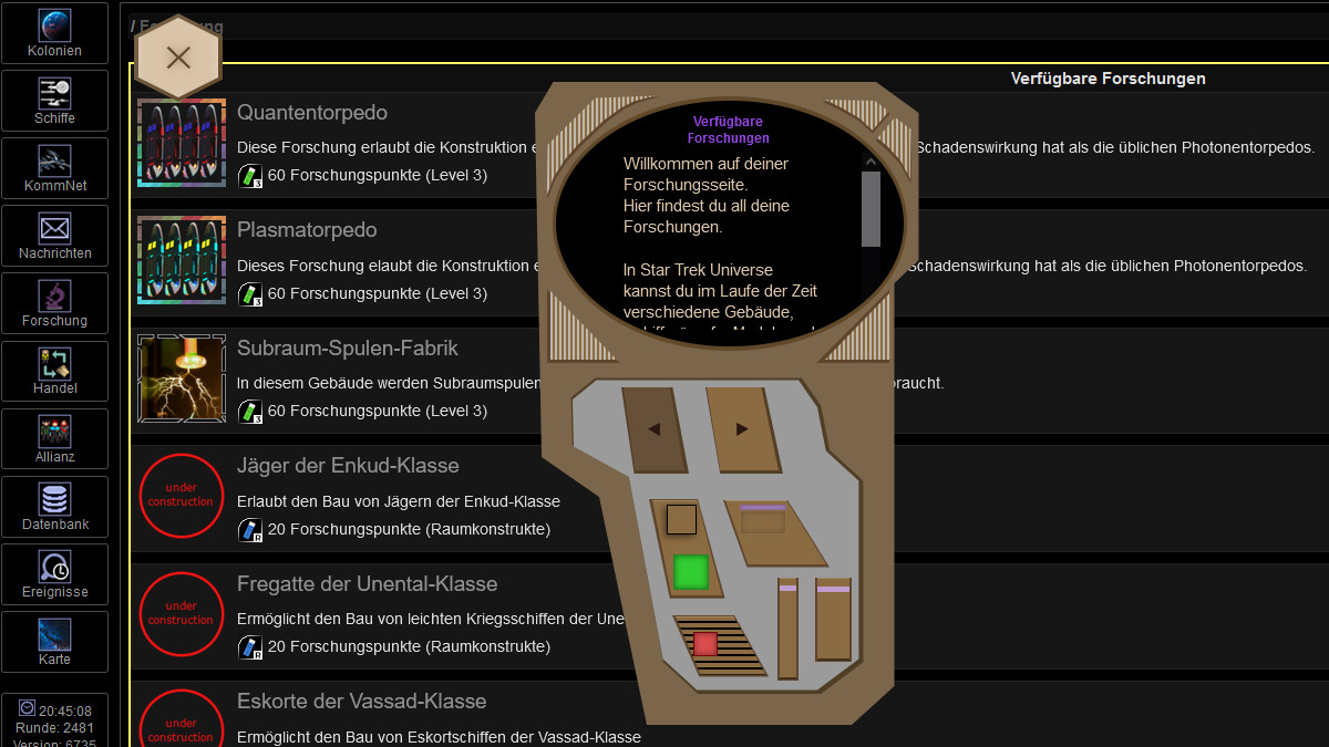 Screenshot Tutorialansicht der Forschung in Star Trek Stuniverse